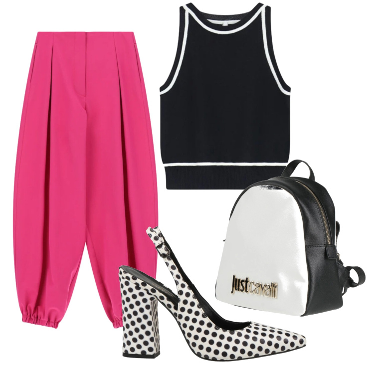 Outfit donna - Dettaglio a pois. Stile Casual chic per Serata fuori. Abbinamento con top, pantaloni a palazzo, décolleté, zaini.