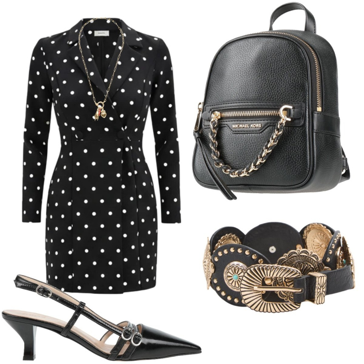 Outfit donna - Comoda con un tocco glam. Stile Glamour per Serata fuori. Abbinamento con décolleté, zaini, cinture, vestiti corti, ciondoli.