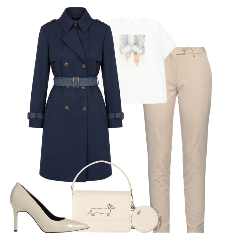 Outfit donna - Il trench Harmont & Blaine. Stile Chic per Tutti i giorni. Abbinamento con pantaloni, décolleté, t-shirt, trench, borse a tracolla.