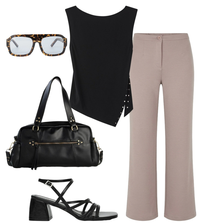 Outfit donna - City. Stile Basic per Tutti i giorni. Abbinamento con borse a mano, pantaloni, top, sandali col tacco, occhiali da sole.