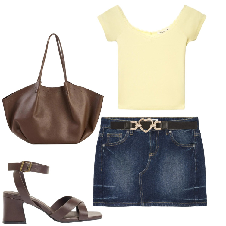 Outfit donna - City. Stile Casual per Tutti i giorni. Abbinamento con sandali col tacco, shopping bag, cinture, minigonne, t-shirt.