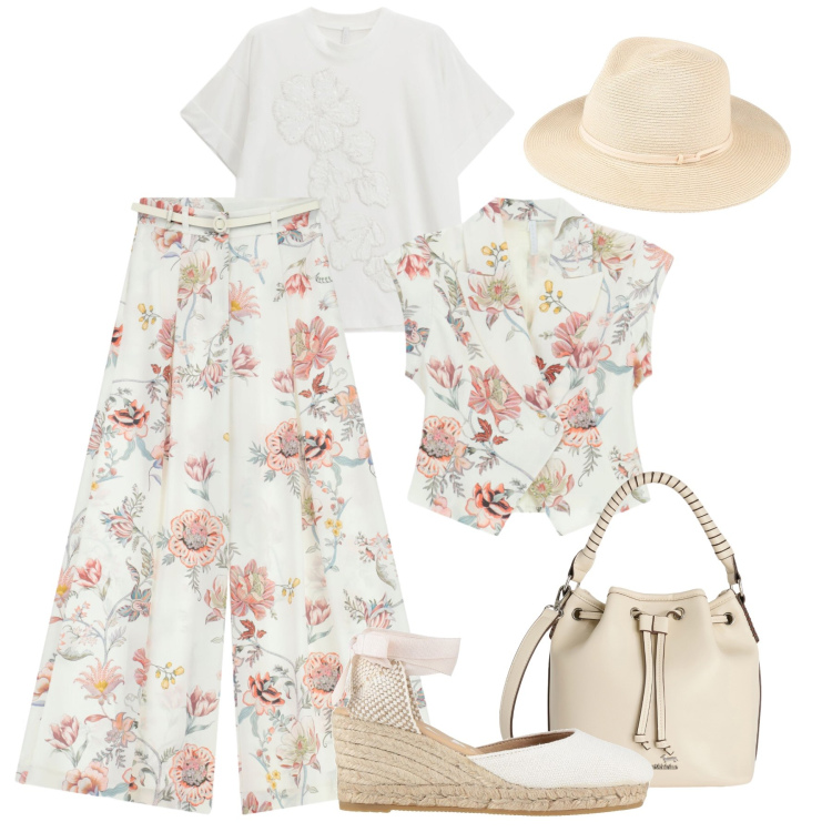 Outfit donna - Weekend floreale -@valentinadringoli. Stile Trendy per Tutti i giorni. Abbinamento con espadrillas, cappelli, t-shirt, pantaloni a palazzo, gilet, borse a secchiello.