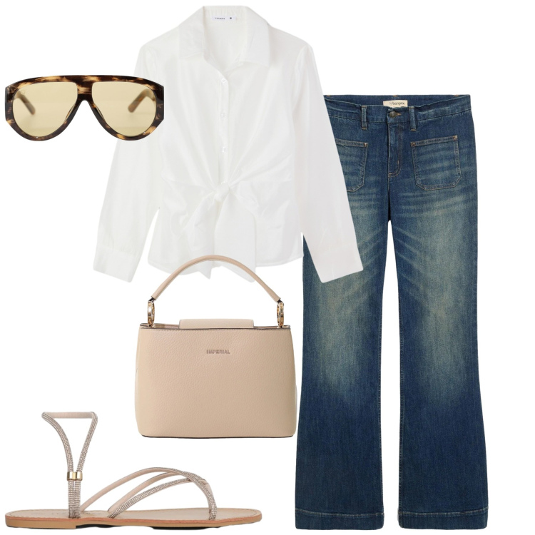 Outfit donna - City. Stile Casual chic per Tutti i giorni. Abbinamento con jeans a zampa, sandali, camicie, occhiali da sole, borse a secchiello.