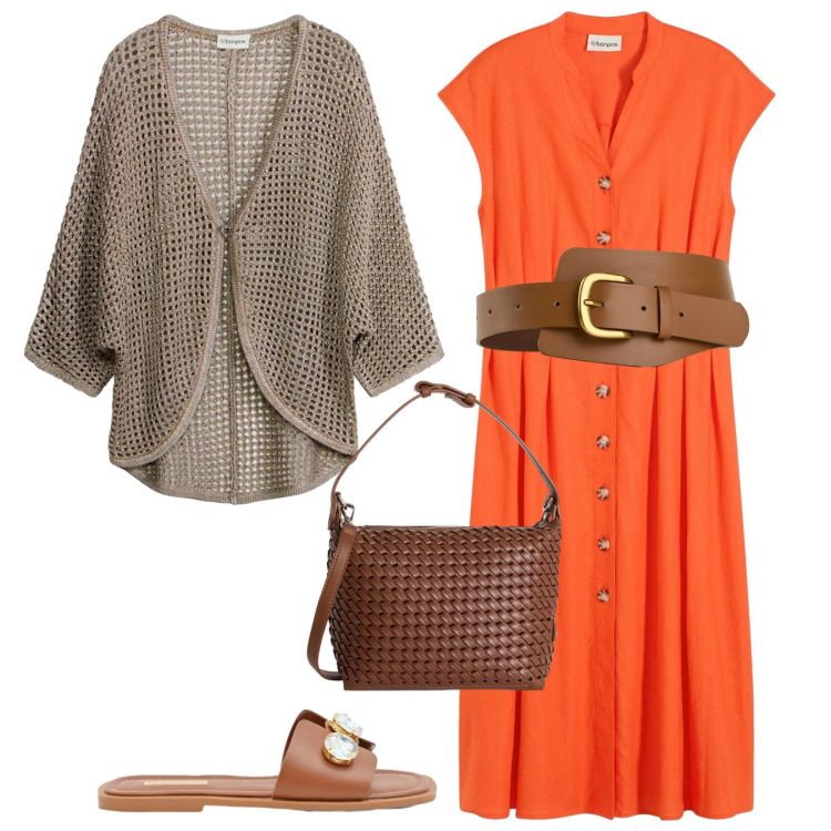Outfit donna - Total look #2384334. Stile Casual chic per Tutti i giorni. Abbinamento con vestiti midi/longuette, cinture, cardigans, sandali gioiello, borse a spalla.