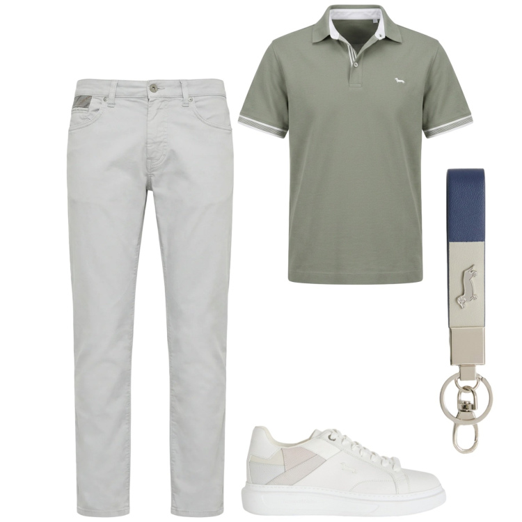 Outfit uomo - City. Stile Urban per Tutti i giorni. Abbinamento con sneakers, portachiavi, pantaloni, polo.