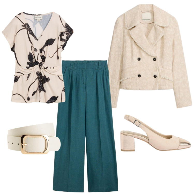 Outfit donna - Passeggiata al porto. Stile Casual chic per Tutti i giorni. Abbinamento con cinture, bluse, pantaloni, blazer, décolleté.