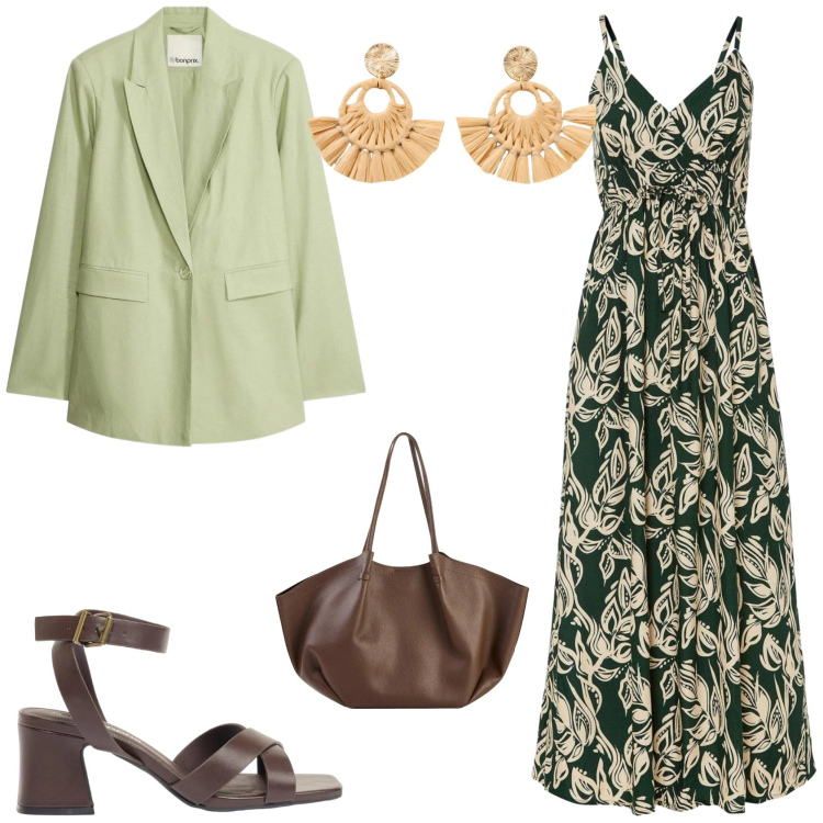 Outfit donna - Verde e Marrone. Stile Vintage retrò per Serata fuori. Abbinamento con blazer, sandali col tacco, vestiti lunghi, orecchini, shopping bag.