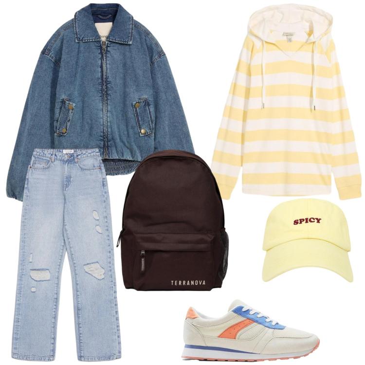 Outfit donna - Un weekend fuori città. Stile Casual per Tutti i giorni. Abbinamento con bomber, felpe con cappuccio, sneakers, zaini, jeans strappati, cappelli con visiera.