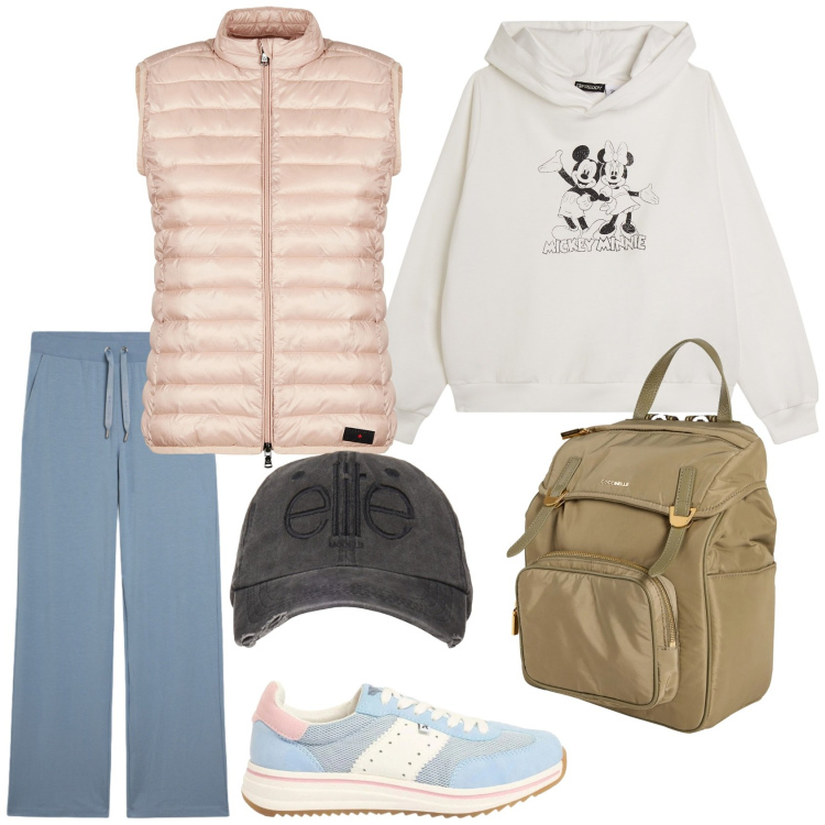 Outfit donna - Un weekend fuori città. Stile Casual per Tutti i giorni. Abbinamento con zaini, sneakers, felpe con cappuccio, pantaloni, cappelli, piumini.