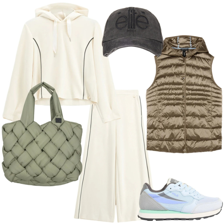 Outfit donna - Sporty-chic in chiave primaverili. Stile Sporty chic per Tutti i giorni. Abbinamento con sneakers, piumini, pantaloni a palazzo, felpe con cappuccio, cappelli, borse tote.