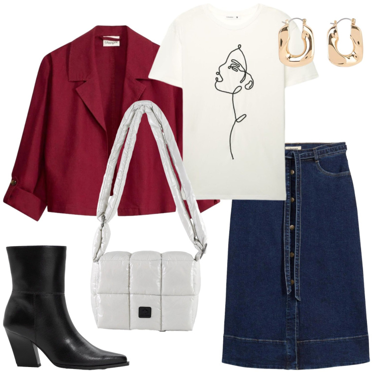 Outfit donna - Aprile che mi metto?. Stile Urban per Tutti i giorni. Abbinamento con blazer, gonne longuette, stivaletti, orecchini, t-shirt, borse a spalla.