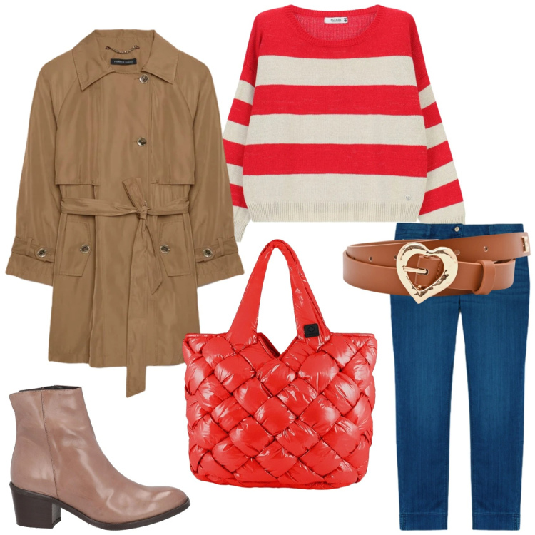 Outfit donna - Aprile che mi metto?. Stile Urban per Ufficio. Abbinamento con stivaletti, trench, jeans skinny, maglieria, cinture, borse tote.