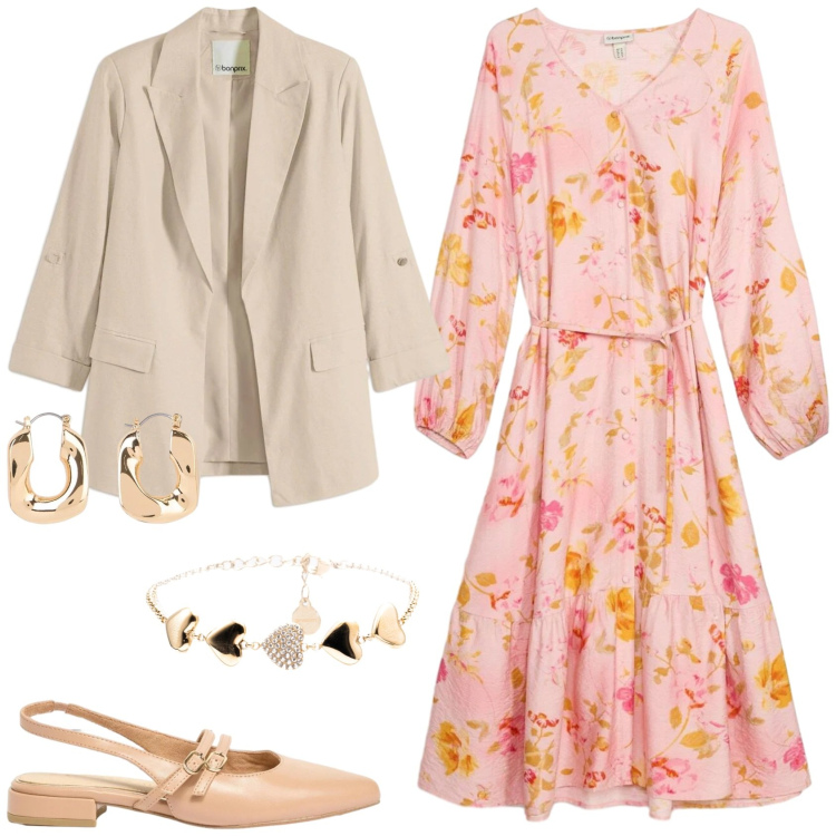 Outfit donna - Un abito per aprile. Stile Romantica per Tutti i giorni. Abbinamento con vestiti midi/longuette, blazer, ballerine, orecchini, braccialetti.