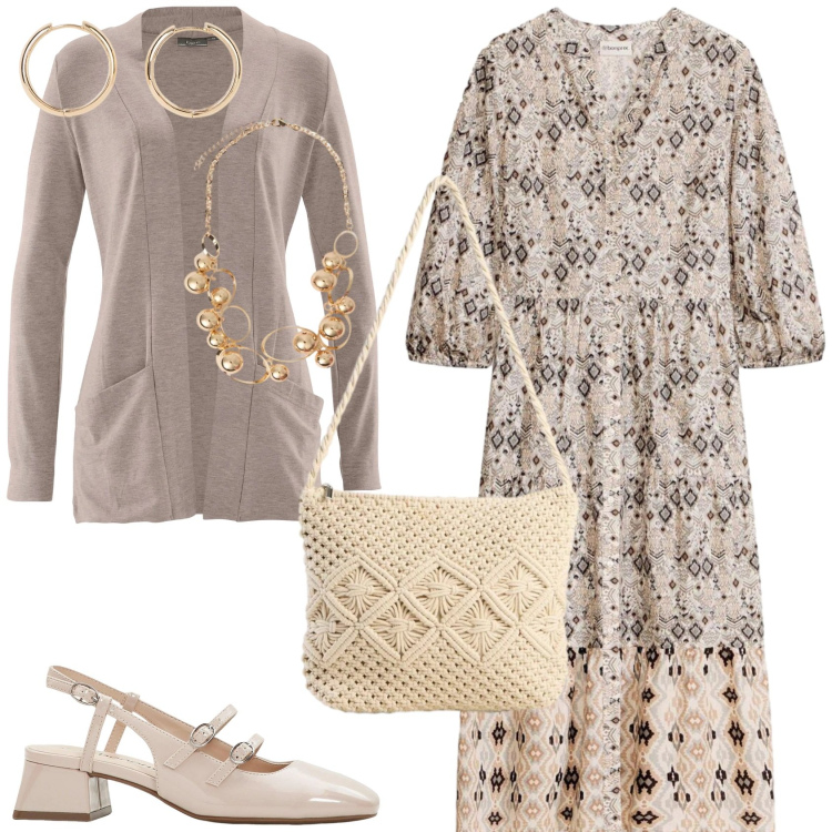 Outfit donna - Un abito per aprile. Stile Casual chic per Tutti i giorni. Abbinamento con vestiti midi/longuette, décolleté, cardigans, orecchini, borse a tracolla, collane.