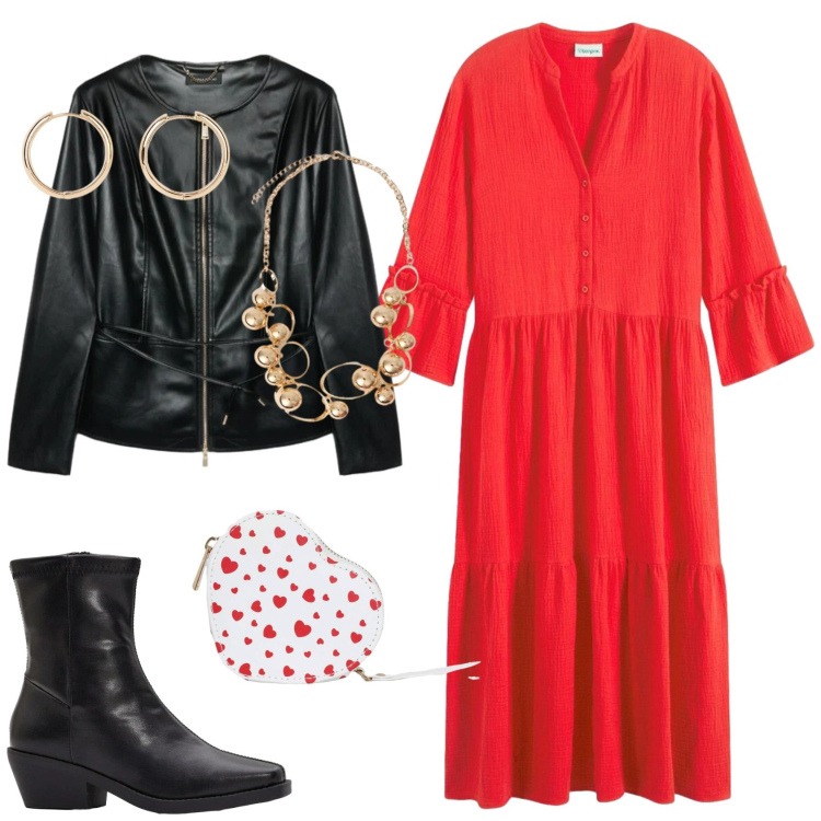 Outfit donna - Un abito per aprile. Stile Urban per Serata fuori. Abbinamento con vestiti chemisier, stivaletti, orecchini, portafogli, blazer, collane.