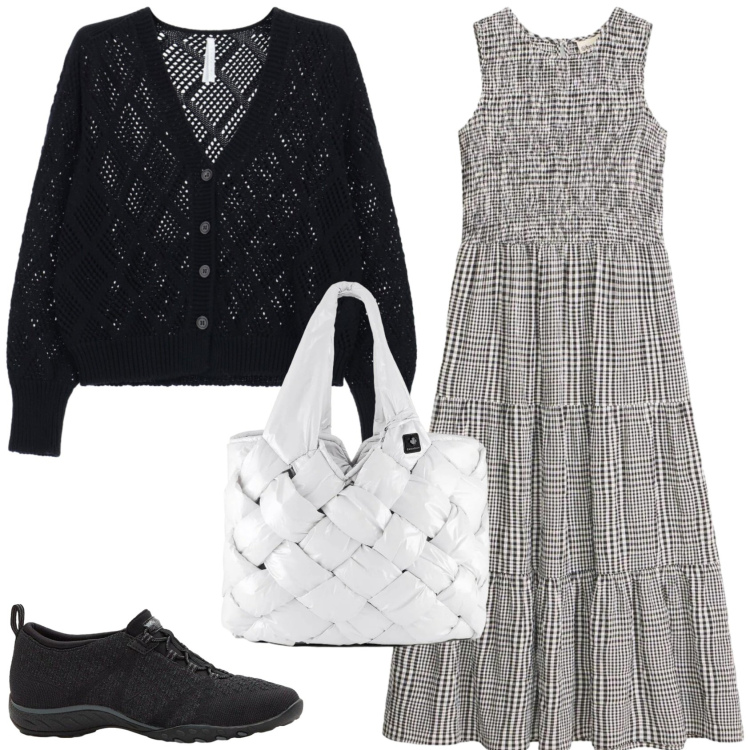 Outfit donna - Un abito in aprile. Stile Casual chic per Tutti i giorni. Abbinamento con vestiti midi/longuette, sneakers, cardigans, borse tote.