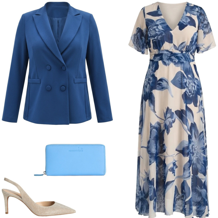 Outfit donna - L\'abito da cerimonia. Stile Glamour per Cerimonia. Abbinamento con décolleté, vestiti lunghi, blazer, portafogli.