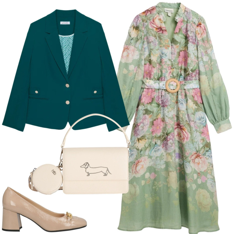 Outfit donna - Un abito per aprile. Stile Casual chic per Tutti i giorni. Abbinamento con décolleté, vestiti midi/longuette, blazer, borse a tracolla.