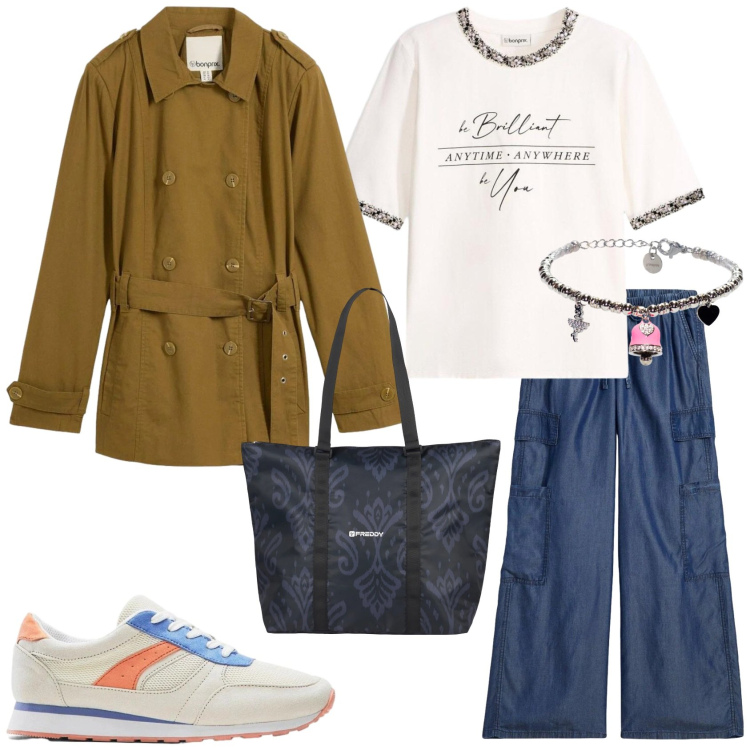 Outfit donna - Eleganza casual. Stile Casual chic per Ufficio. Abbinamento con pantaloni, t-shirt, sneakers, trench, shopping bag, braccialetti.