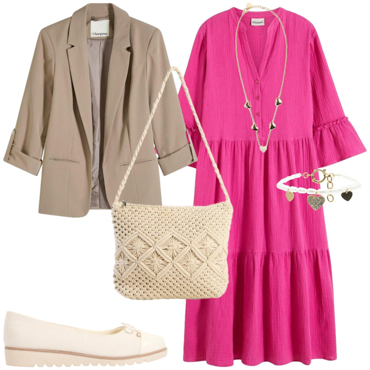Outfit donna - Eleganza casual. Stile Casual chic per Tutti i giorni. Abbinamento con vestiti chemisier, blazer, borse a tracolla, ballerine, braccialetti, collane.