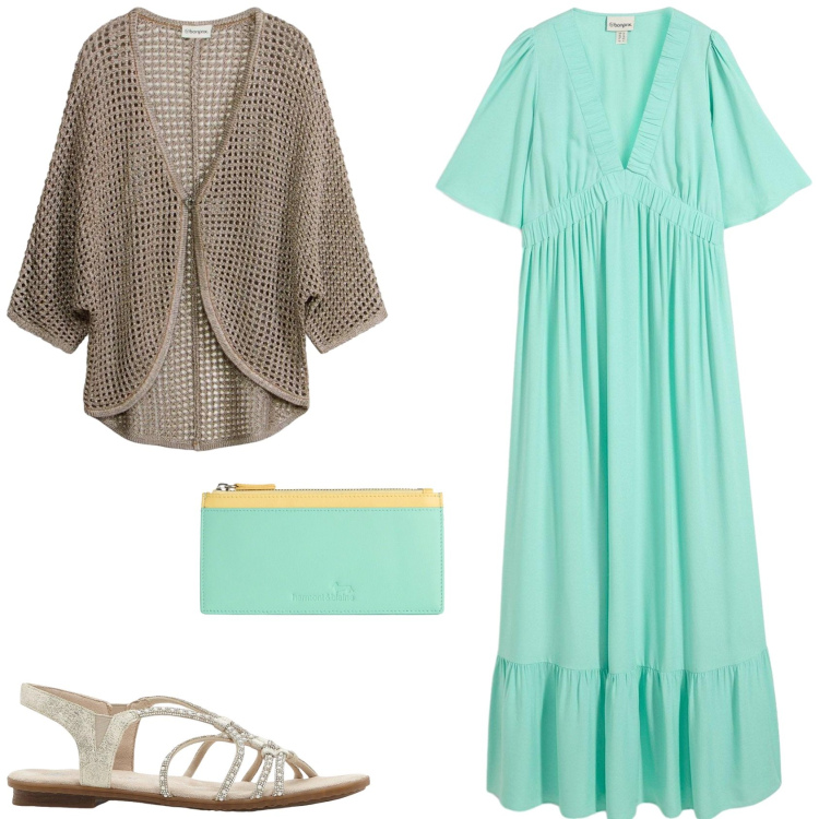 Outfit donna - Comoda eleganza. Stile Casual chic per Tutti i giorni. Abbinamento con vestiti lunghi, cardigans, sandali, portafogli.