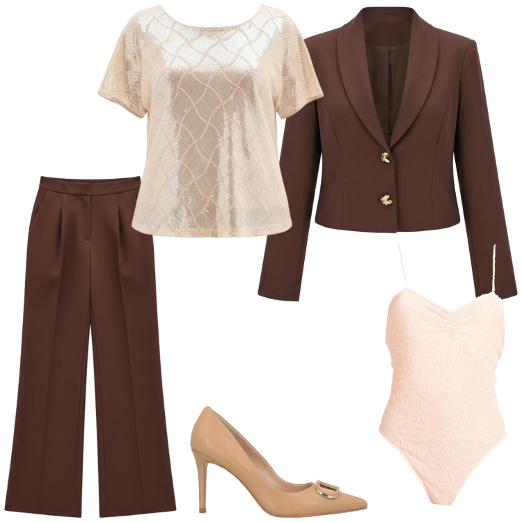 Outfit donna - Eleganza e comfort. Stile Glamour per Serata fuori. Abbinamento con body, décolleté, blazer, pantaloni a palazzo, bluse.