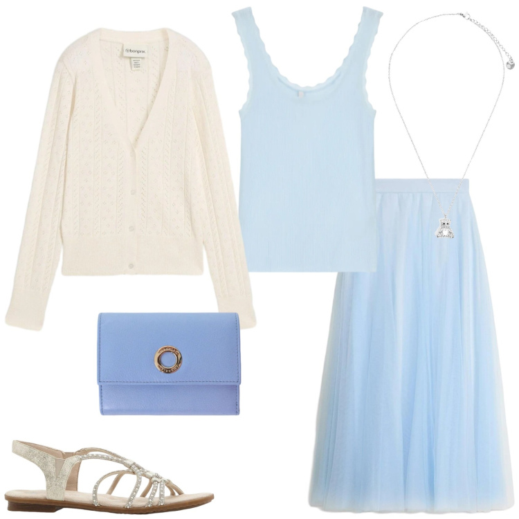Outfit donna - Eleganza romantica. Stile Romantica per Serata fuori. Abbinamento con cardigans, gonne lunghe, sandali, portafogli, canottiere, ciondoli.