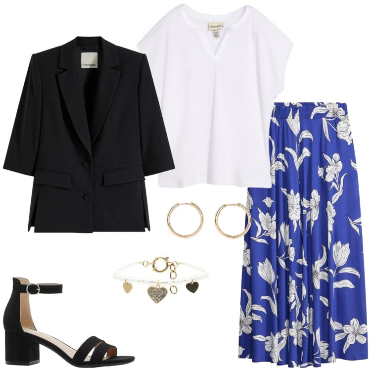 Outfit donna - Eleganza leggera. Stile Casual chic per Tutti i giorni. Abbinamento con blazer, bluse, orecchini, sandali col tacco, gonne lunghe, braccialetti.