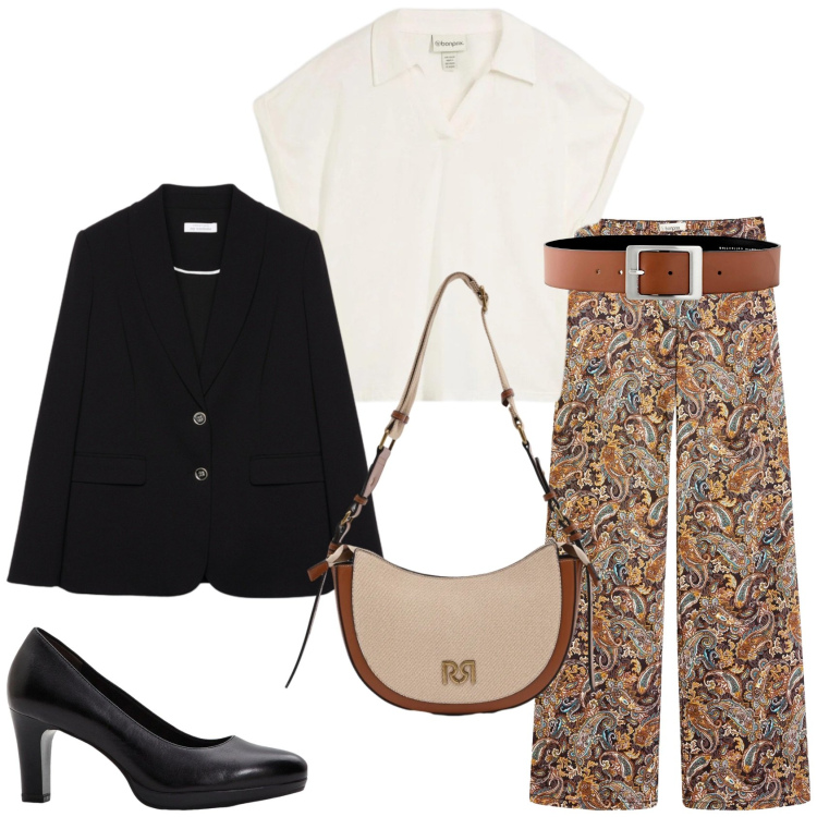 Outfit donna - Comfort e eleganza. Stile Casual chic per Tutti i giorni. Abbinamento con pantaloni, décolleté, cinture, polo, blazer, borse a tracolla.
