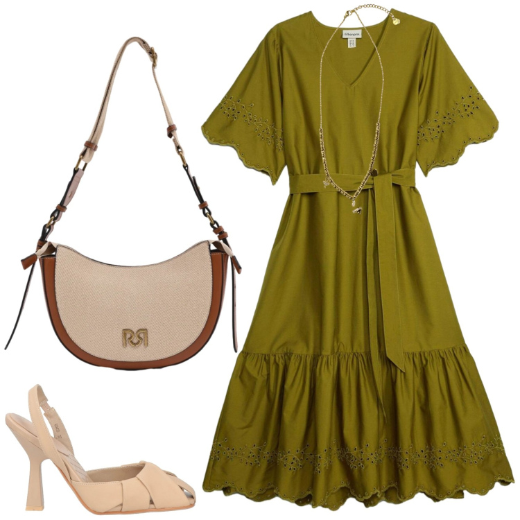 Outfit donna - Eleganza leggera. Stile Chic per Tutti i giorni. Abbinamento con décolleté, vestiti midi/longuette, borse a tracolla, ciondoli.