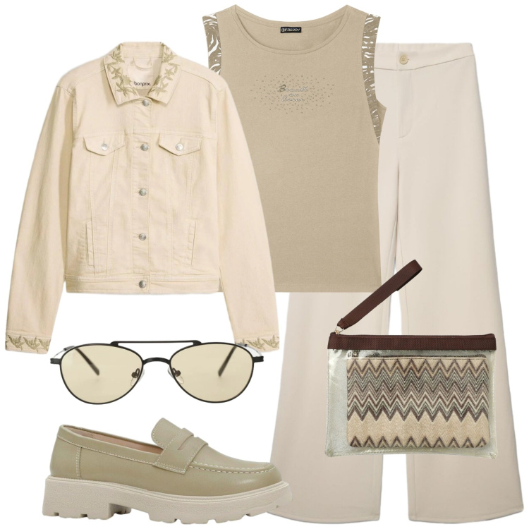 Outfit donna - Soft Neutrals Elegance. Stile Chic per Tutti i giorni. Abbinamento con mocassini, cappotti, pochette, pantaloni, occhiali da sole, t-shirt.