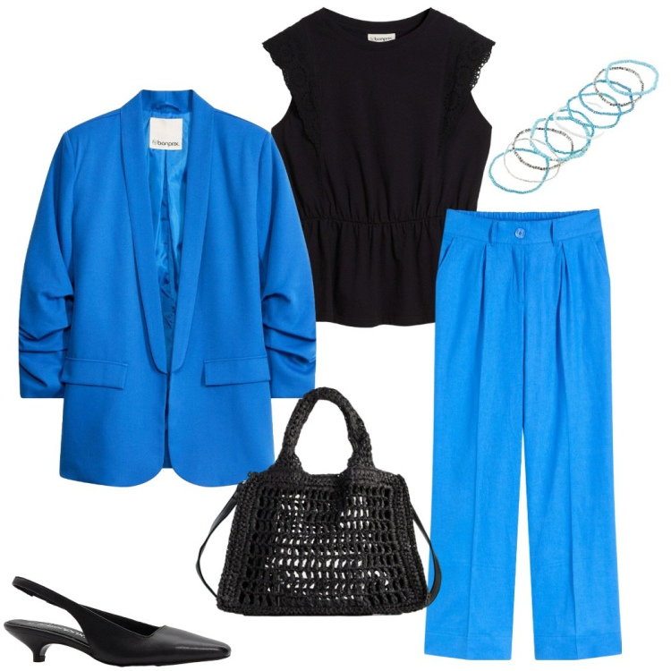 Outfit donna - Cool spring Bonprix. Stile Casual chic per Serata fuori. Abbinamento con décolleté, t-shirt, braccialetti, pantaloni a palazzo, borse a tracolla, blazer.