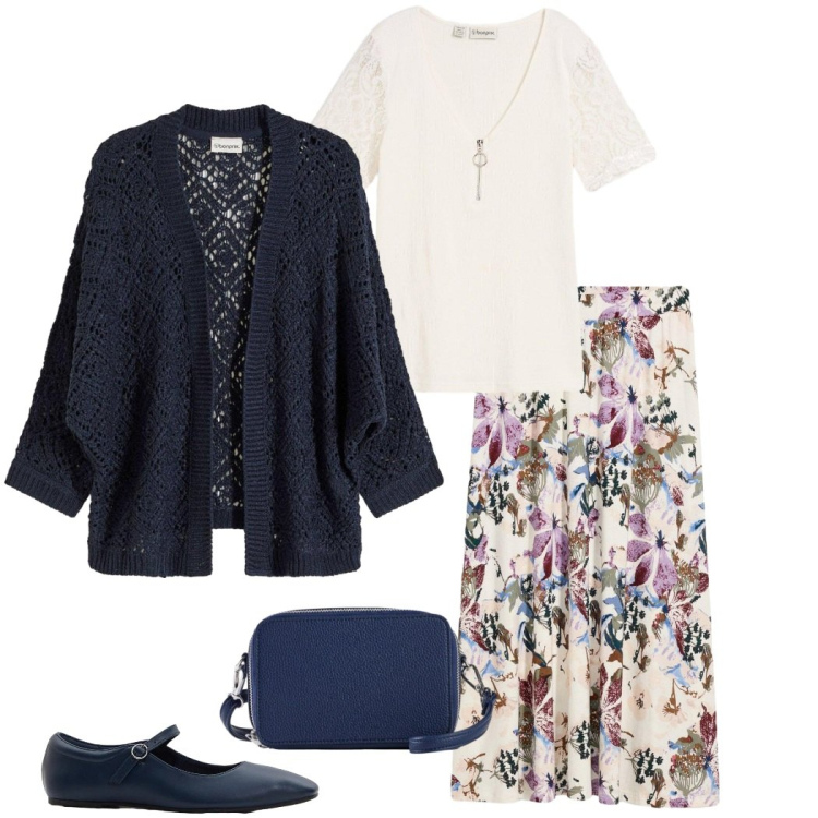 Outfit donna - Cool spring Bonprix. Stile Bon Ton per Ufficio. Abbinamento con ballerine, gonne, cardigans, borse a tracolla, t-shirt.