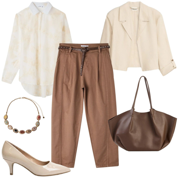 Outfit donna - Total look #2384457. Stile Casual per Tutti i giorni. Abbinamento con blazer, décolleté, shopping bag, pantaloni, camicie, collane.