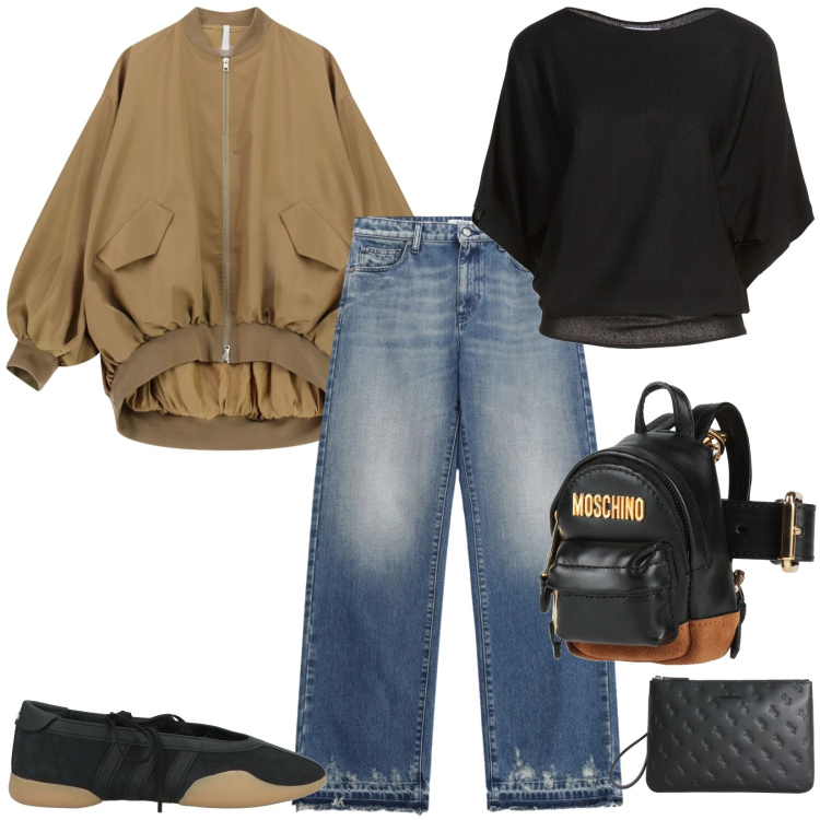 Outfit donna - Il bomber capo ideale in primavera. Stile Casual per Tutti i giorni. Abbinamento con pullovers, ballerine, marsupi, bomber, jeans, anelli.