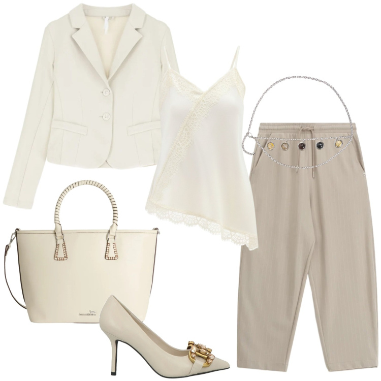 Outfit donna - Blazer bianco torna protagonista. Stile Chic per Tutti i giorni. Abbinamento con décolleté, cinture, shopping bag, pantaloni, blazer, canottiere.