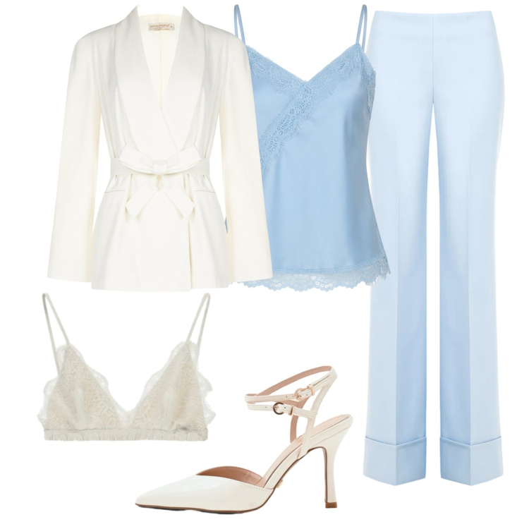 Outfit donna - Invito ad una festa in primavera. Stile Bon Ton per Serata fuori. Abbinamento con reggiseni, pantaloni a palazzo, blazer, décolleté, top.