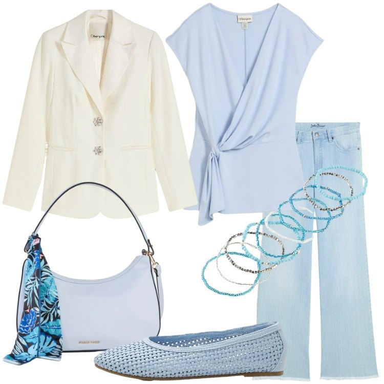 Outfit donna - bonprix - Cool Spring. Stile Romantica per Serata fuori. Abbinamento con jeans, blazer, borse a mano, braccialetti, canottiere, ballerine.