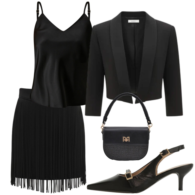 Outfit donna - Total black. Stile Sexy per Serata fuori. Abbinamento con sandali col tacco, minigonne, top, bolero, borse a spalla.