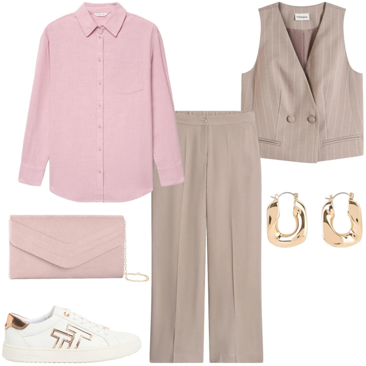 Outfit donna - Total look #2384469. Stile Casual chic per Tutti i giorni. Abbinamento con pochette, gilet, sneakers, pantaloni, orecchini, camicie.