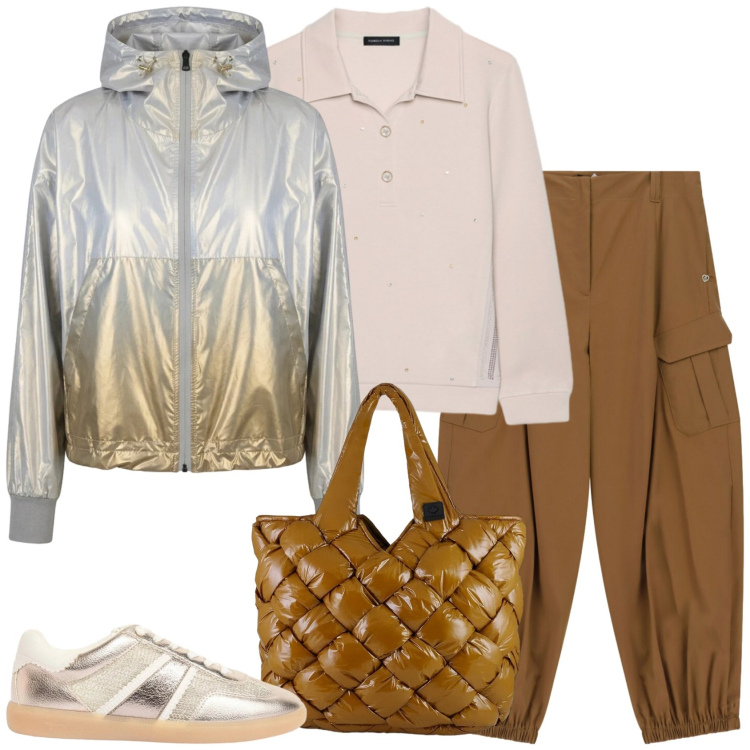 Outfit donna - Weekend sfavillante. Stile Sporty chic per Tutti i giorni. Abbinamento con sneakers, polo, pantaloni cargo, bomber, borse tote.