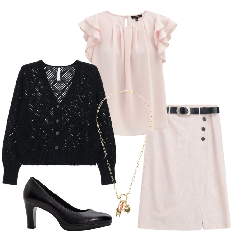 Outfit donna - Total look #2384473. Stile Romantica per Ufficio. Abbinamento con décolleté, gonne longuette, cardigans, canottiere, ciondoli.