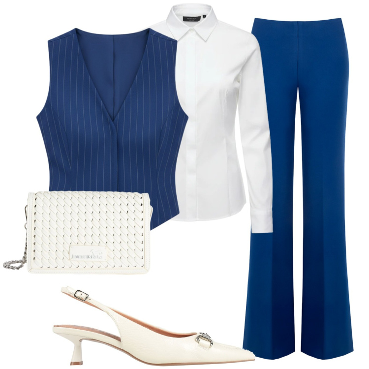 Outfit donna - Riunione di lavoro con il gilet. Stile Mannish per Ufficio. Abbinamento con décolleté, pantaloni a palazzo, gilet, camicie, borse a tracolla.