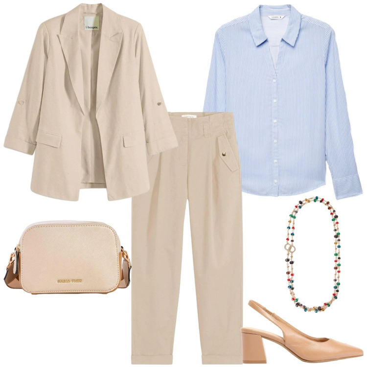Outfit donna - Total look #2384479. Stile Casual per Ufficio. Abbinamento con pantaloni, blazer, borse a tracolla, décolleté, camicie, collane.