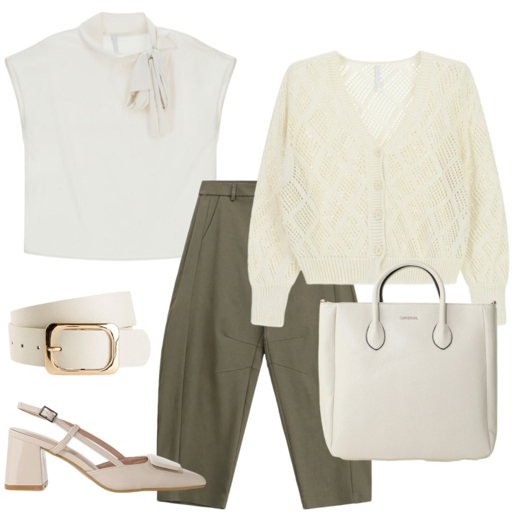 Outfit donna - Total look #2384485. Stile Glamour per Ufficio. Abbinamento con cinture, pantaloni, décolleté, cardigans, borse a tracolla, canottiere.