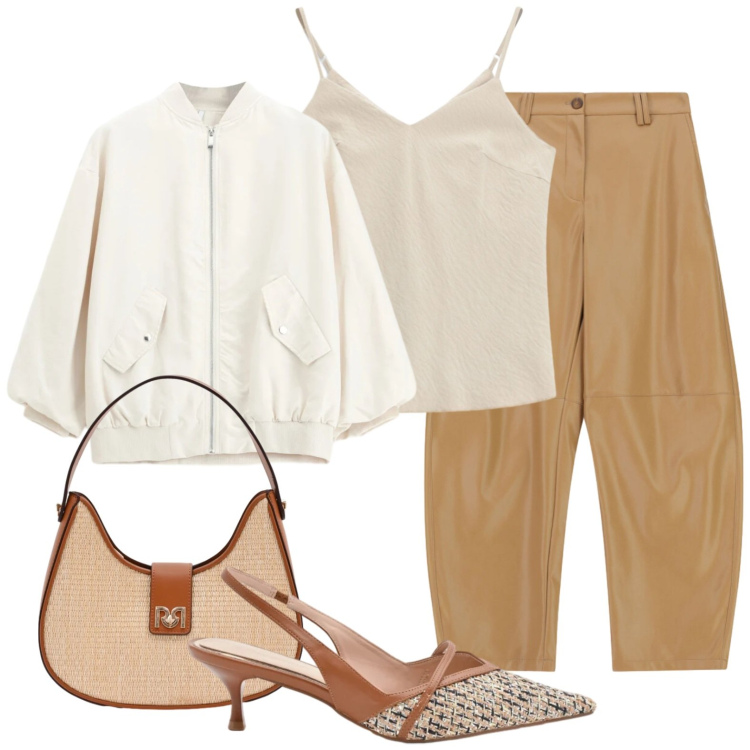 Outfit donna - Blouson panna. Stile Glamour per Tutti i giorni. Abbinamento con canottiere, pantaloni, bomber, borse a spalla, décolleté.