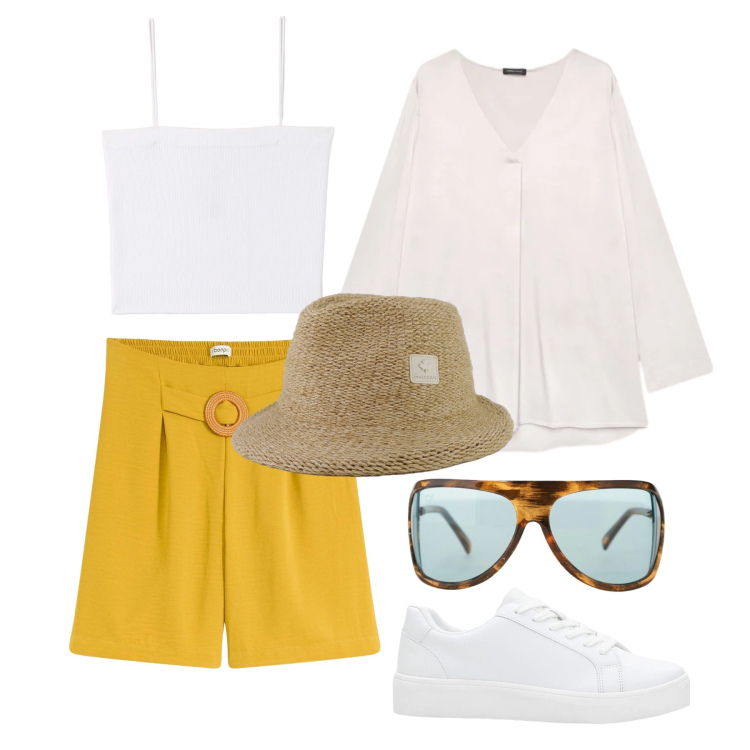 Outfit donna - Aprile. Stile Casual chic per Tutti i giorni. Abbinamento con sneakers, shorts, canottiere, bluse, occhiali da sole, cappelli.