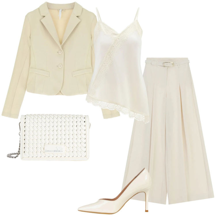 Outfit donna - Il total White. Stile Casual chic per Tutti i giorni. Abbinamento con pantaloni a palazzo, blazer, canottiere, décolleté, borse a tracolla.