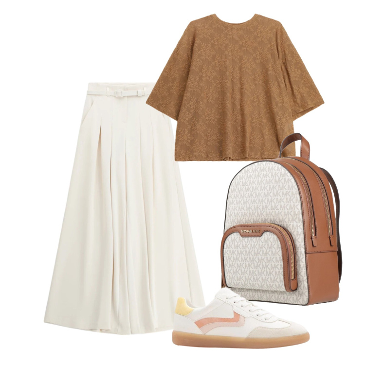 Outfit donna - Aprile. Stile Casual chic per Tutti i giorni. Abbinamento con zaini, sneakers, pantaloni a palazzo, bluse.