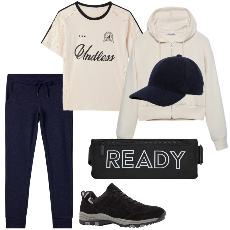 Outfit donna - Ready. Stile Casual per Sport. Abbinamento con scarpe sportive, borse sportive, pantaloni, felpe con cappuccio, t-shirt, cappelli con visiera.